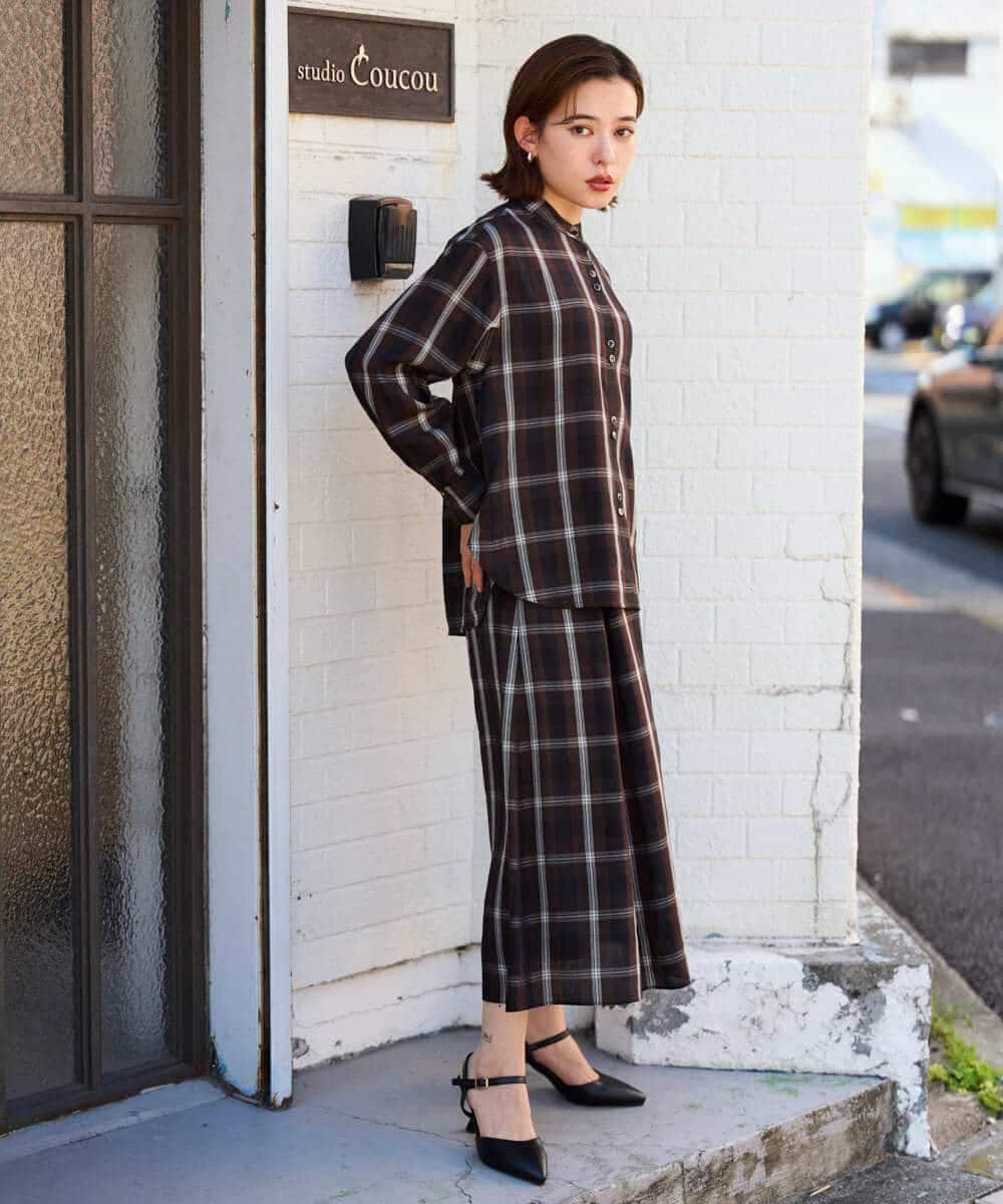 PHBJE21290 GEORGES RECH(小さいサイズ)(メゾン ドゥ サンク)  [セットアップ対応]スタンドカラーチェックブラウス ブラウン