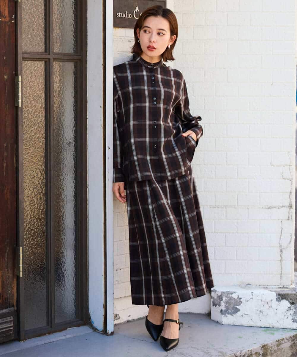 PHBJE21290 GEORGES RECH(小さいサイズ)(メゾン ドゥ サンク)  [セットアップ対応]スタンドカラーチェックブラウス ブラウン