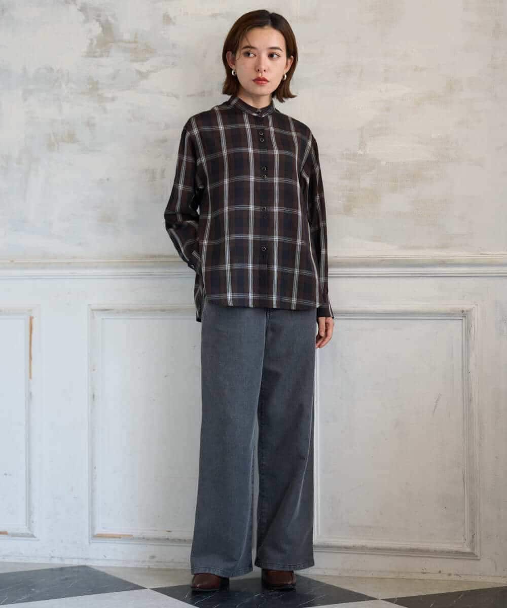 PHBJE21290 GEORGES RECH(小さいサイズ)(メゾン ドゥ サンク)  [セットアップ対応]スタンドカラーチェックブラウス ブラウン