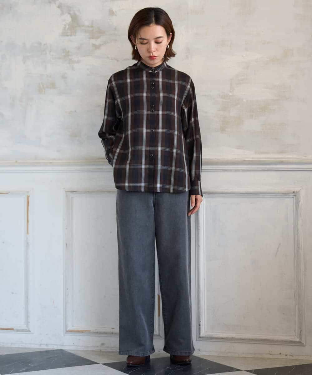 PHBJE21290 GEORGES RECH(小さいサイズ)(メゾン ドゥ サンク)  [セットアップ対応]スタンドカラーチェックブラウス ブラウン