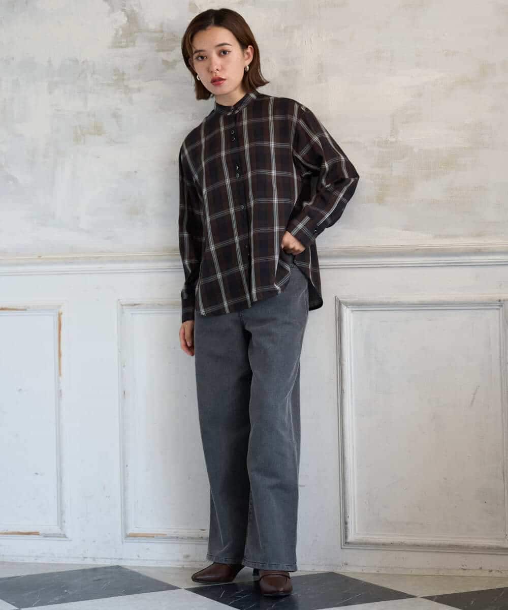 PHBJE21290 GEORGES RECH(小さいサイズ)(メゾン ドゥ サンク)  [セットアップ対応]スタンドカラーチェックブラウス ブラウン