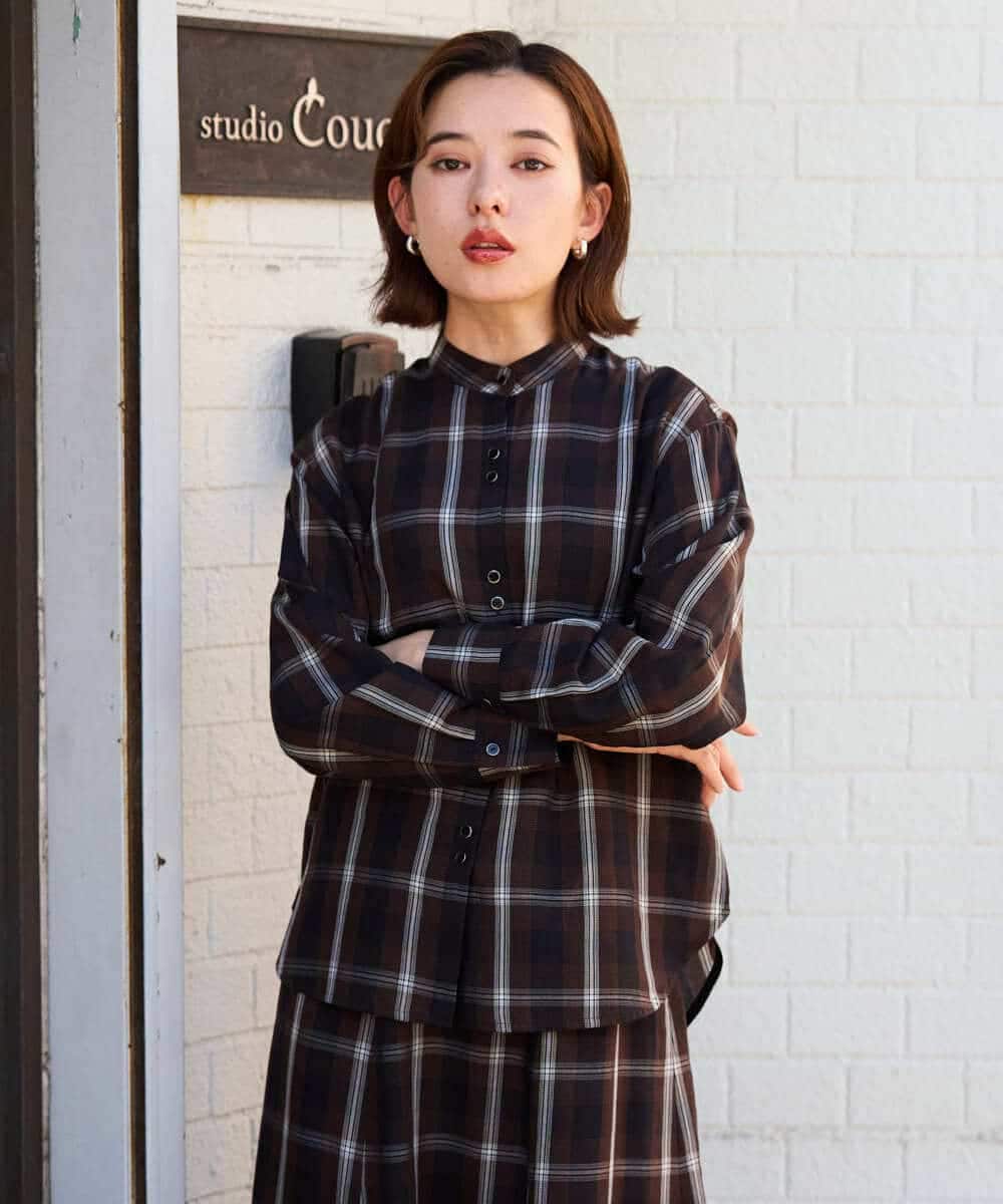 PHBJE21290 GEORGES RECH(小さいサイズ)(メゾン ドゥ サンク)  [セットアップ対応]スタンドカラーチェックブラウス ブラウン