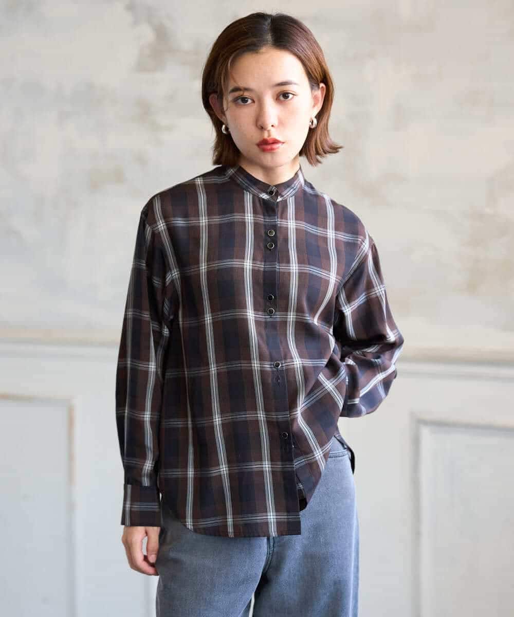 PHBJE21290 GEORGES RECH(小さいサイズ)(メゾン ドゥ サンク)  [セットアップ対応]スタンドカラーチェックブラウス ブラウン