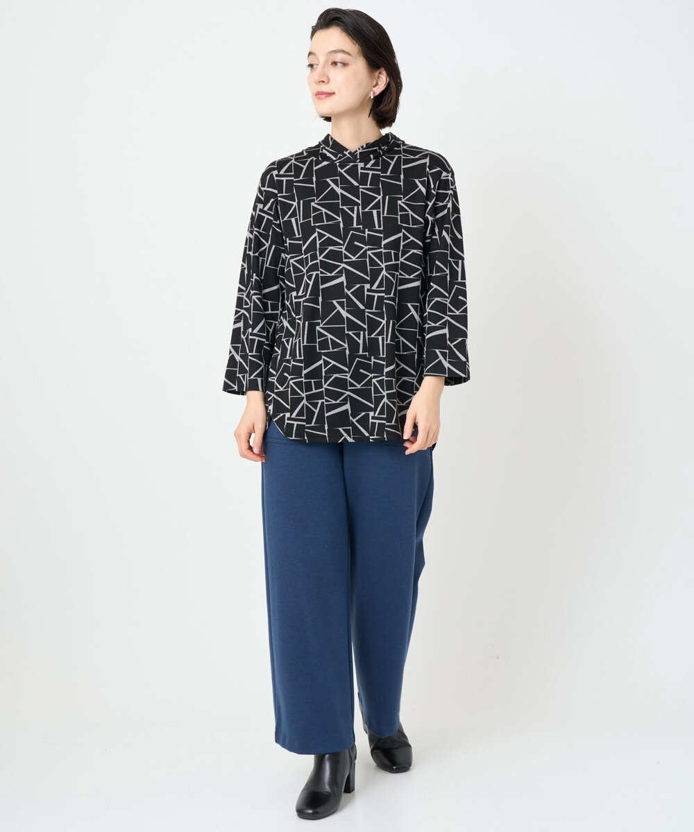 PHKAD22290 GEORGES RECH(小さいサイズ)(メゾン ドゥ サンク)  [日本製]ダブルフェイスミニフード9分袖ロゴカットソー ネイビー