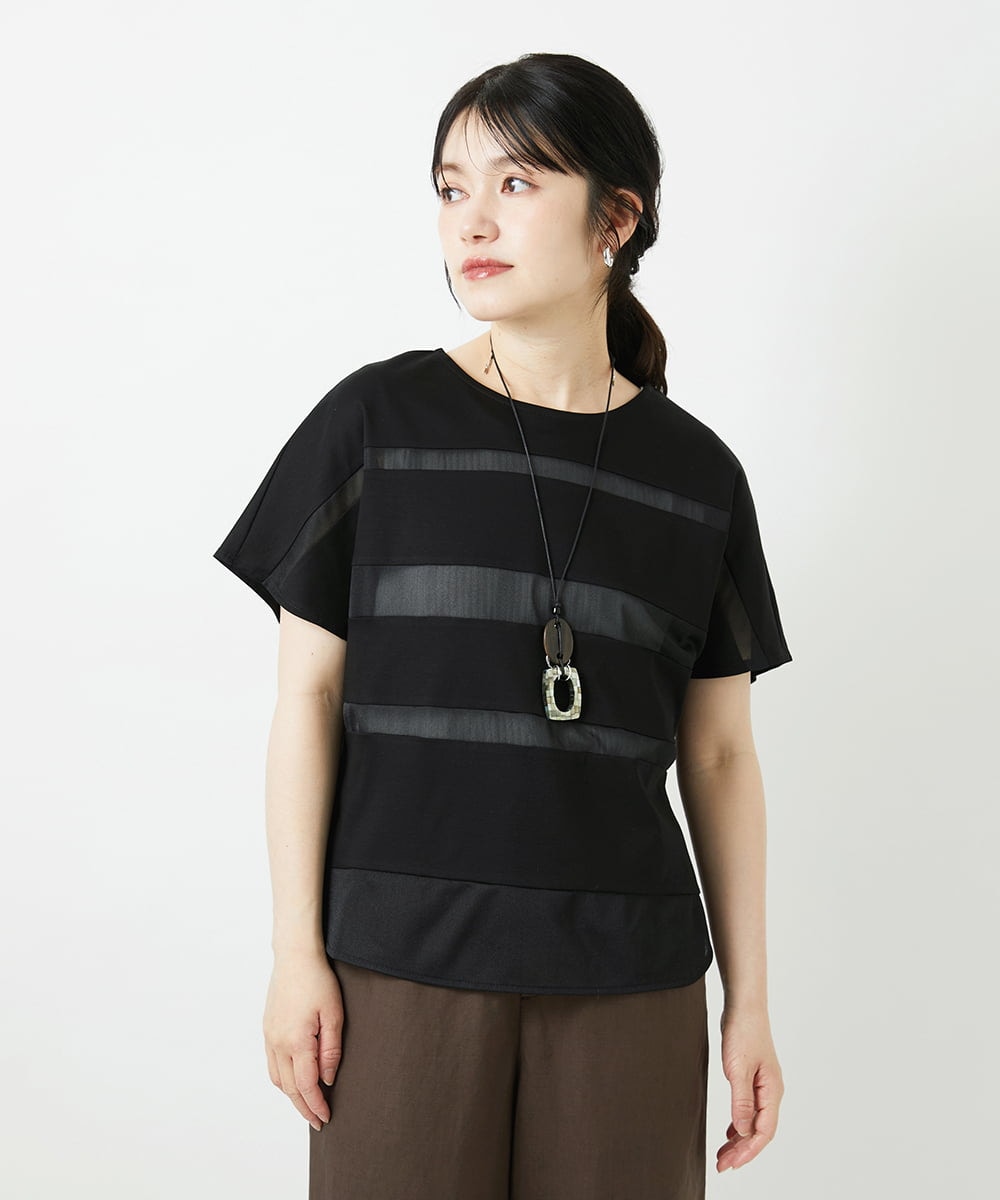 PHKGD38180 GEORGES RECH(小さいサイズ)(メゾン ドゥ サンク) [接触冷感]ドライコットンシアーボーダーカットソー ブラック