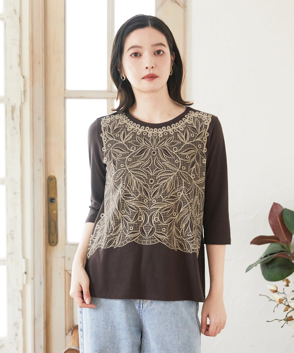 PHKGF40190 GEORGES RECH(小さいサイズ)(メゾン ドゥ サンク) レースプリントジャージーカットソー ブラウン