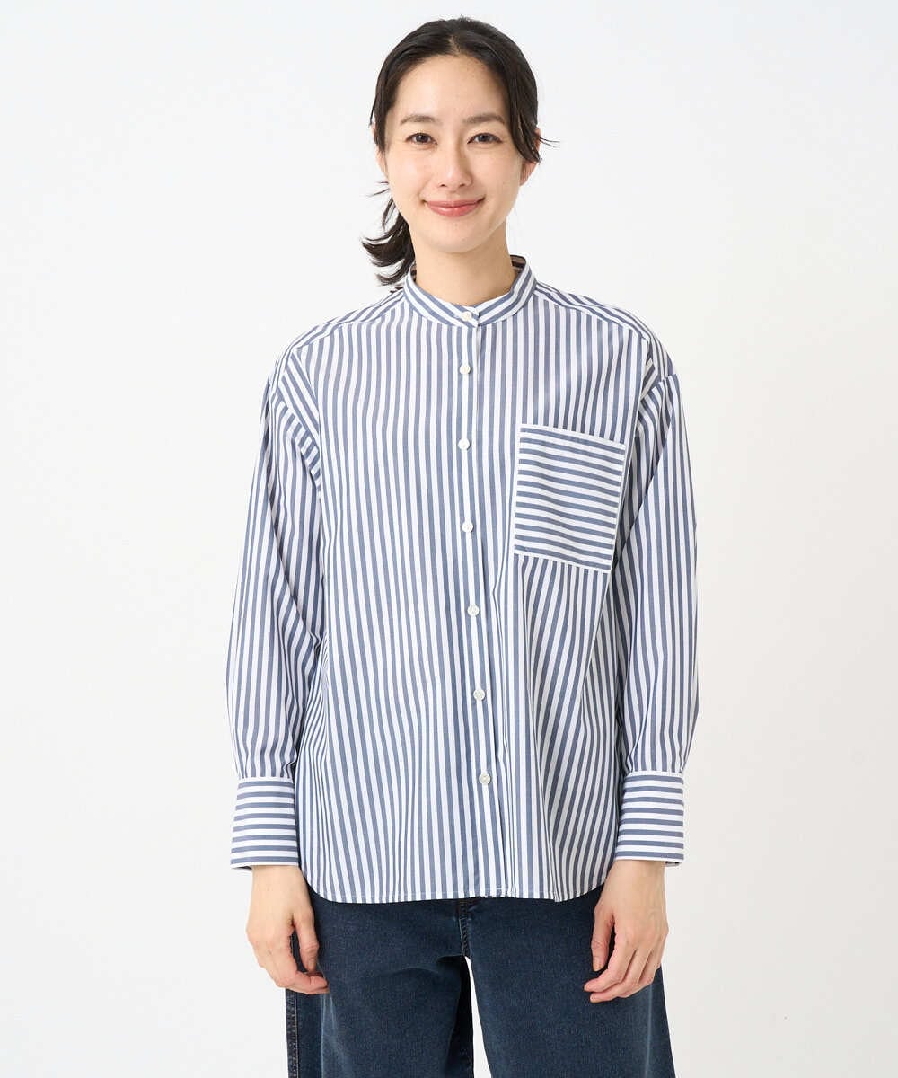 PZBEE05230 GEORGES RECH(ジョルジュ・レッシュ) [日本製]バンドカラーシャツ ネイビー(ストライプ柄)