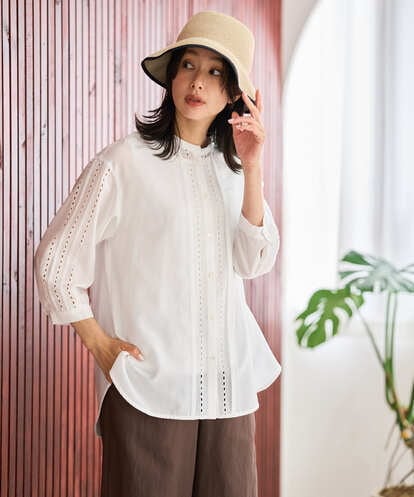 PZBGD22290  アイレット刺繡8分袖ブラウス