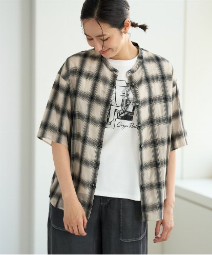 PZBHE63250  シアーチェックバンドカラーブラウス