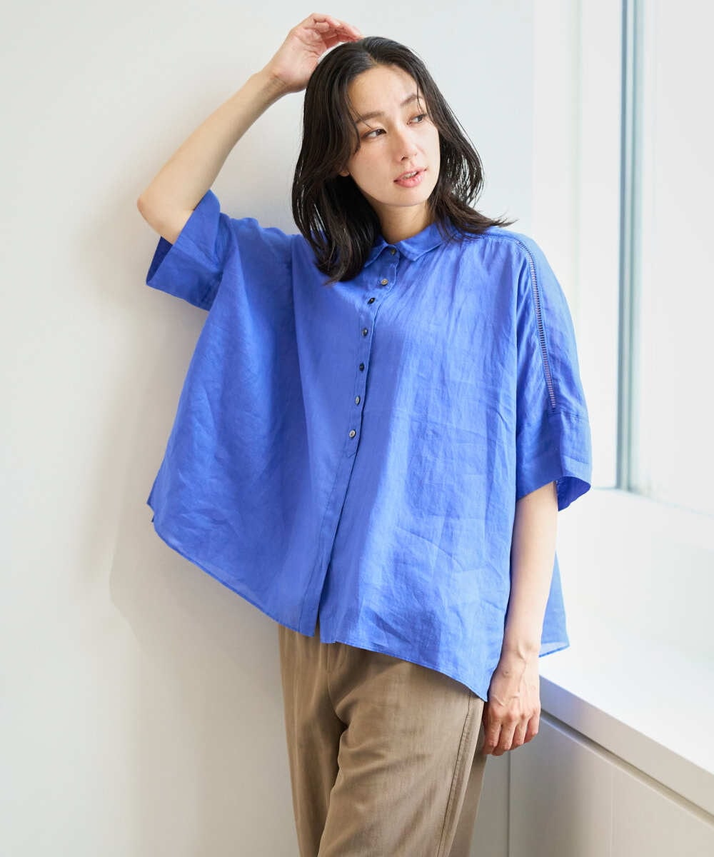 PZBHE66290 GEORGES RECH(ジョルジュ・レッシュ) ハシゴレースドルマンリネンタックシャツ ブルー
