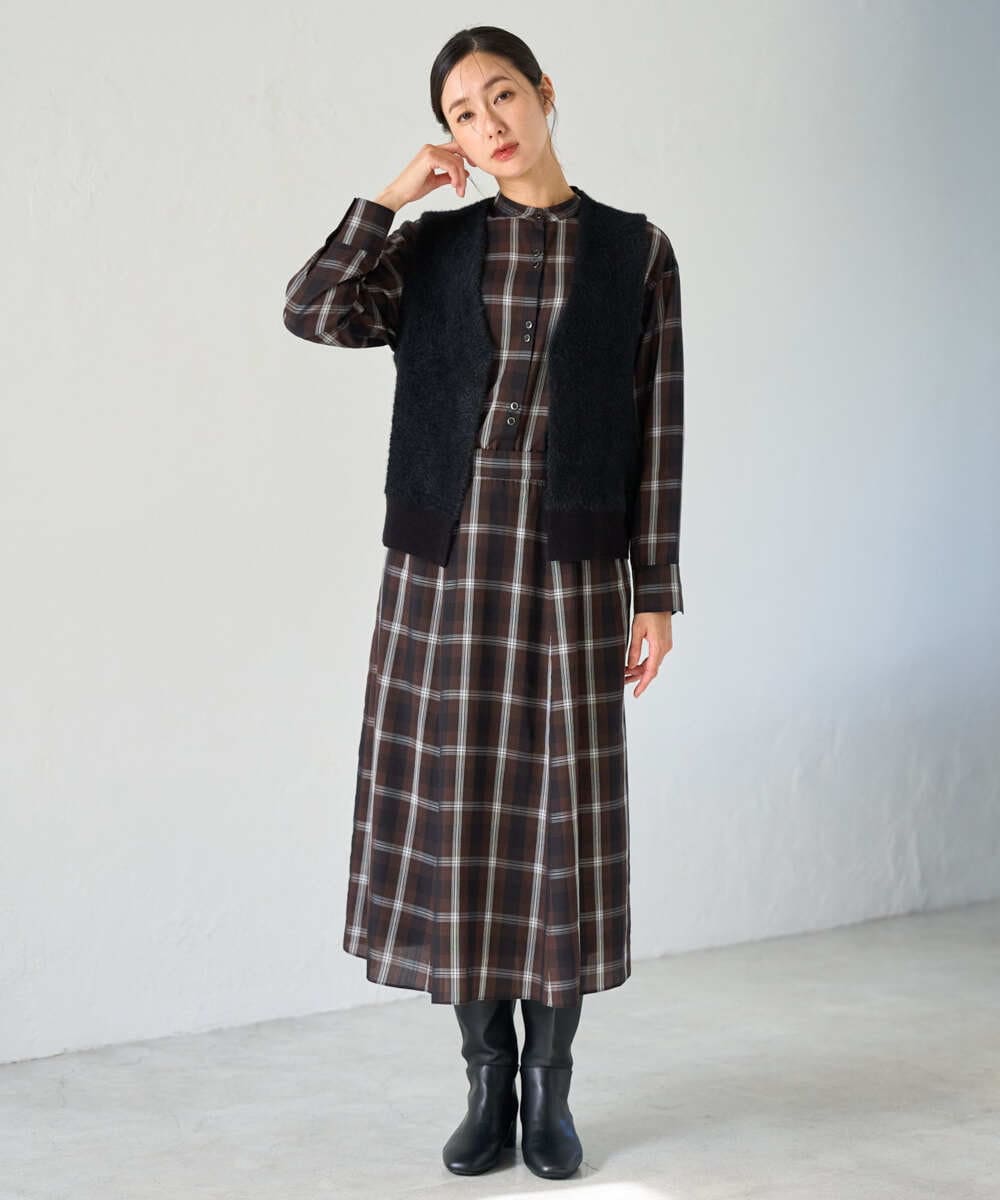 PZBJE21290 GEORGES RECH(ジョルジュ・レッシュ)  [セットアップ対応]スタンドカラーチェックブラウス ブラウン