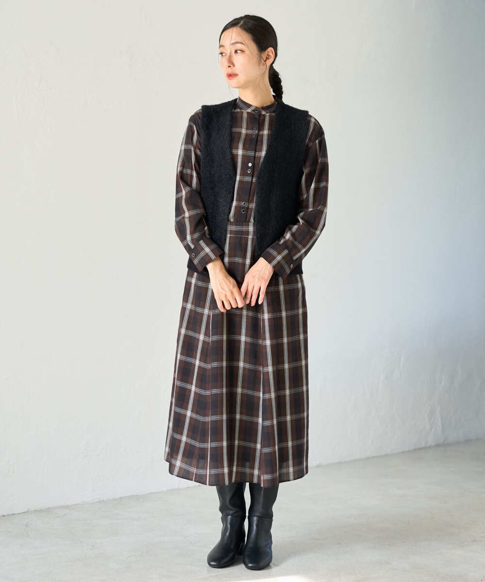 PZBJE21290 GEORGES RECH(ジョルジュ・レッシュ)  [セットアップ対応]スタンドカラーチェックブラウス ブラウン