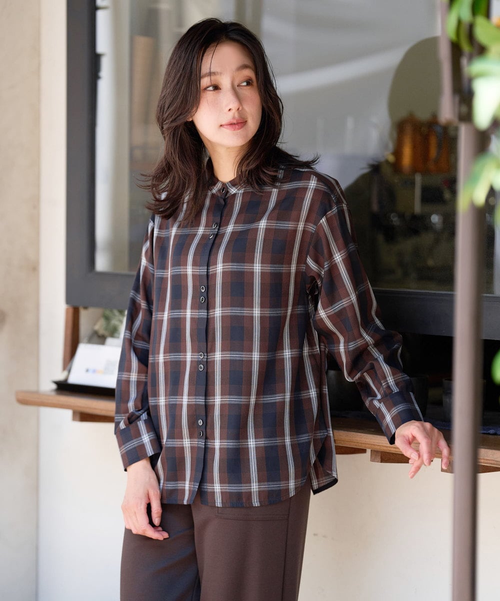 PZBJE21290 GEORGES RECH(ジョルジュ・レッシュ)  [セットアップ対応]スタンドカラーチェックブラウス ブラウン