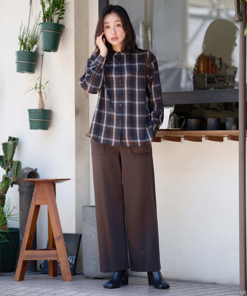 PZBJE21290 GEORGES RECH(ジョルジュ・レッシュ)  [セットアップ対応]スタンドカラーチェックブラウス ブラウン