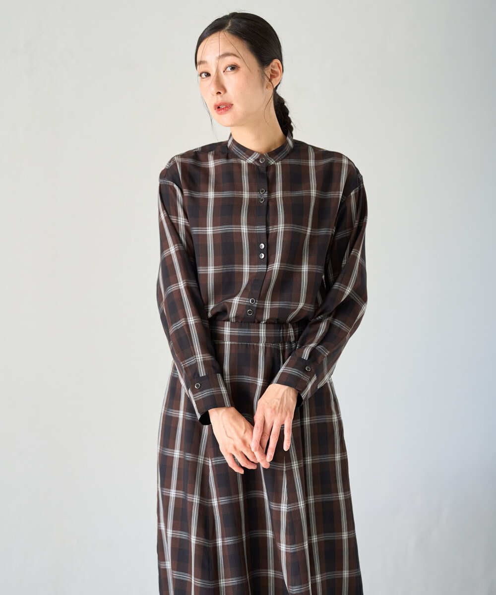 PZBJE21290 GEORGES RECH(ジョルジュ・レッシュ)  [セットアップ対応]スタンドカラーチェックブラウス ブラウン