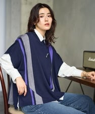 PZFAG13230 GEORGES RECH(ジョルジュ・レッシュ) カラーブロックニットポンチョ ネイビー