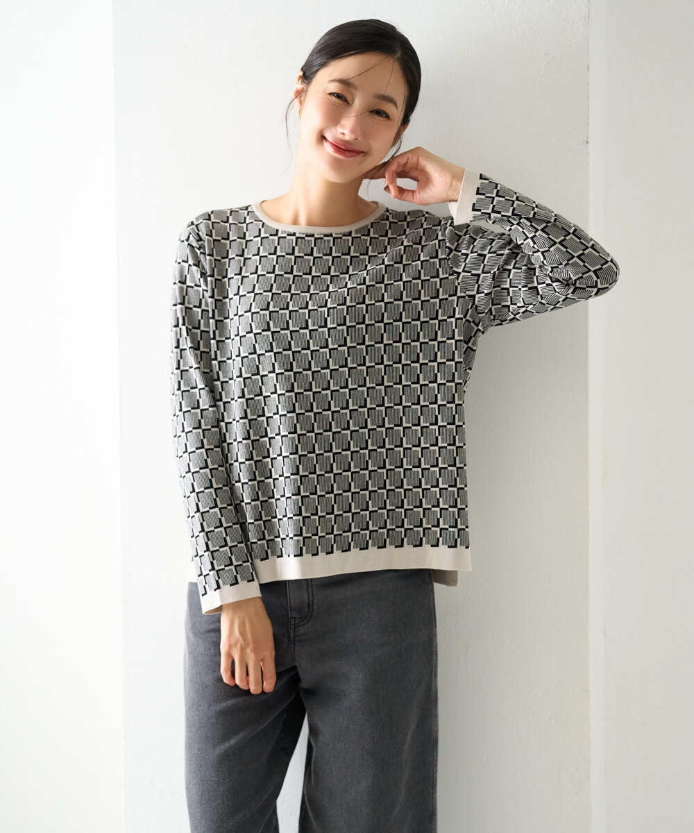 PZFJE22270 GEORGES RECH(ジョルジュ・レッシュ)  [日本製]ハイゲージ格子柄9分袖ニット ブラック
