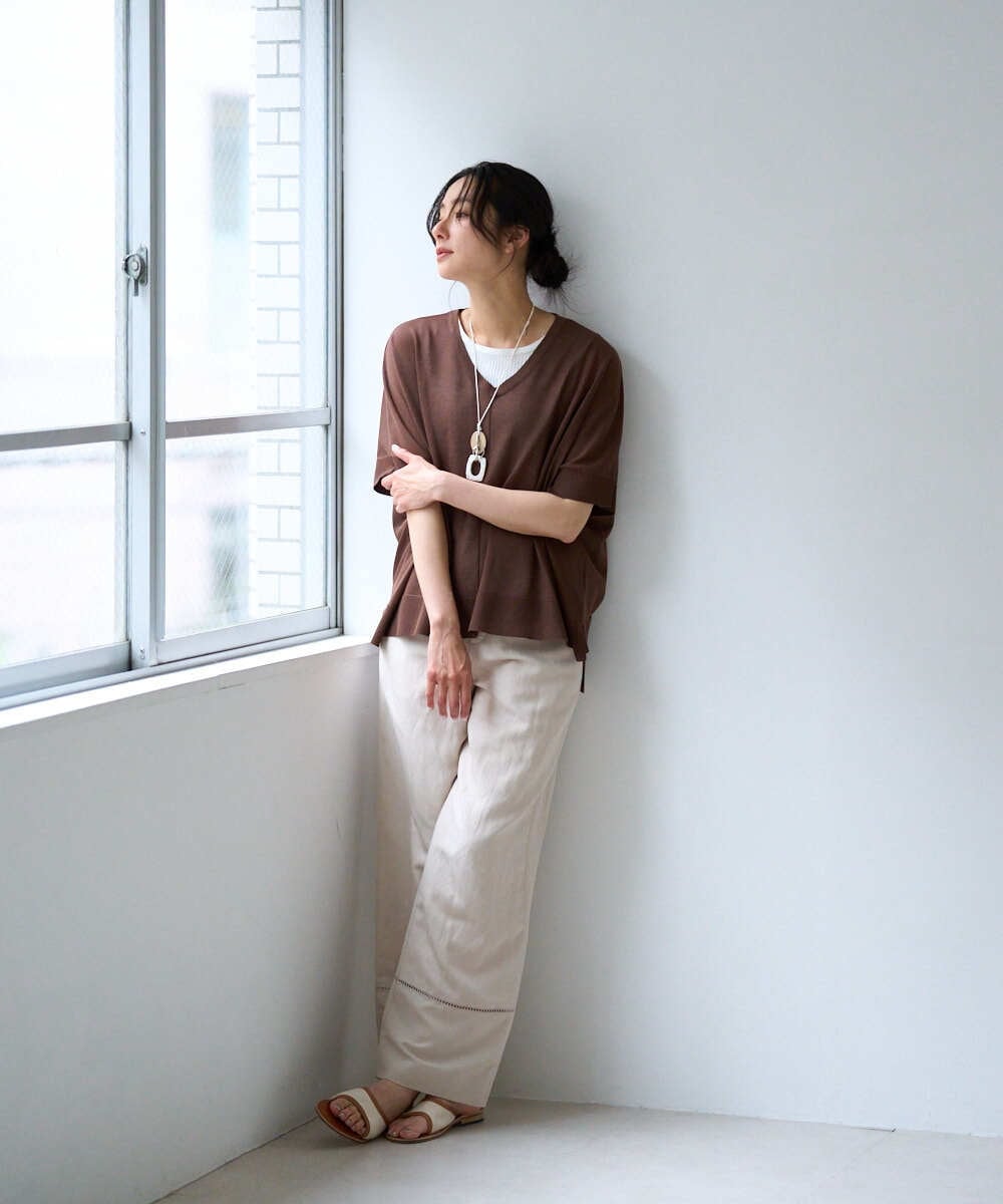 PZLGD31290 GEORGES RECH(ジョルジュ・レッシュ)  [セットアップ対応]フレンチリネンハシゴレースワイドパンツ ブラウン