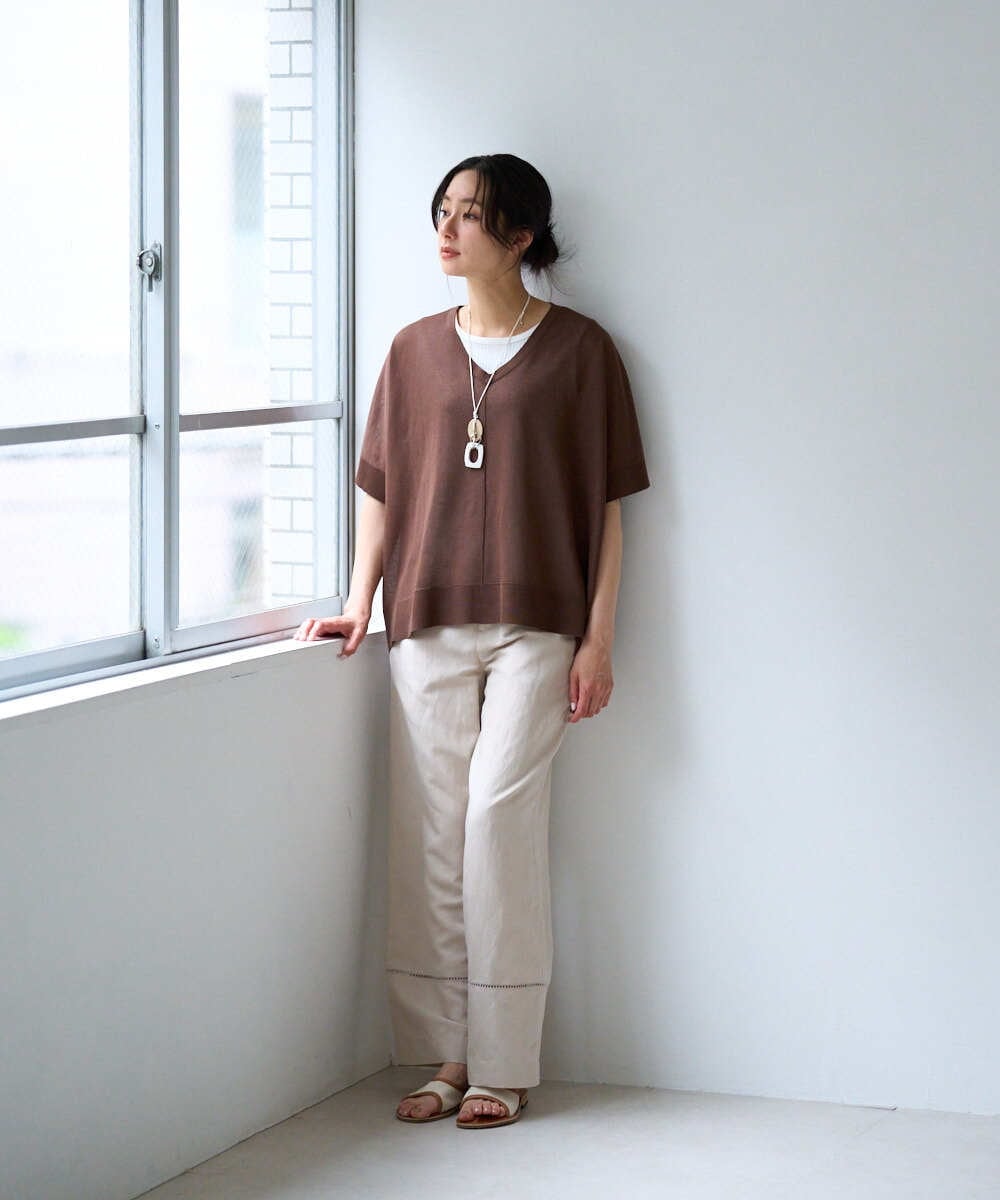 PZLGD31290 GEORGES RECH(ジョルジュ・レッシュ)  [セットアップ対応]フレンチリネンハシゴレースワイドパンツ ブラウン