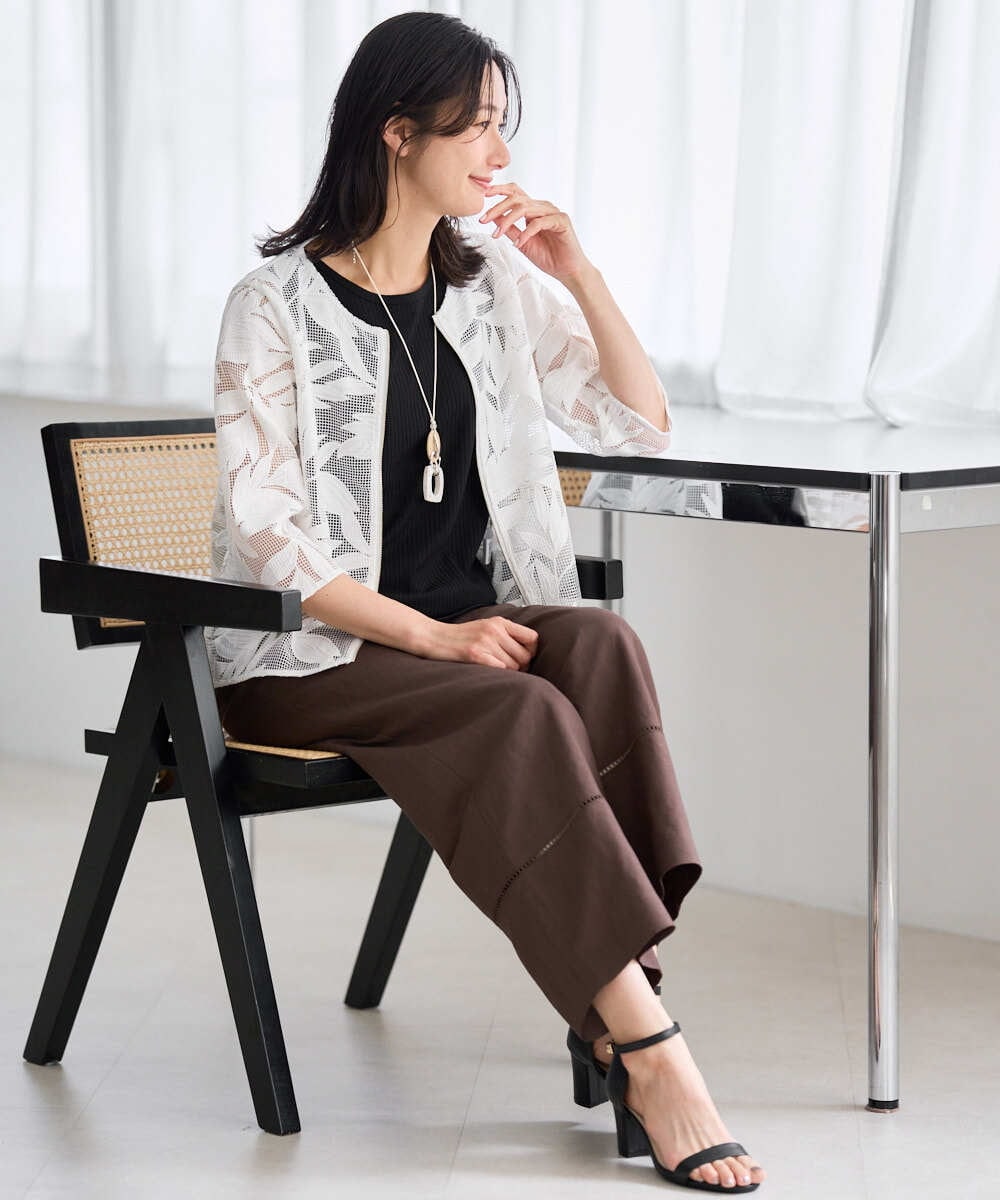 PZLGD31290 GEORGES RECH(ジョルジュ・レッシュ)  [セットアップ対応]フレンチリネンハシゴレースワイドパンツ ブラウン