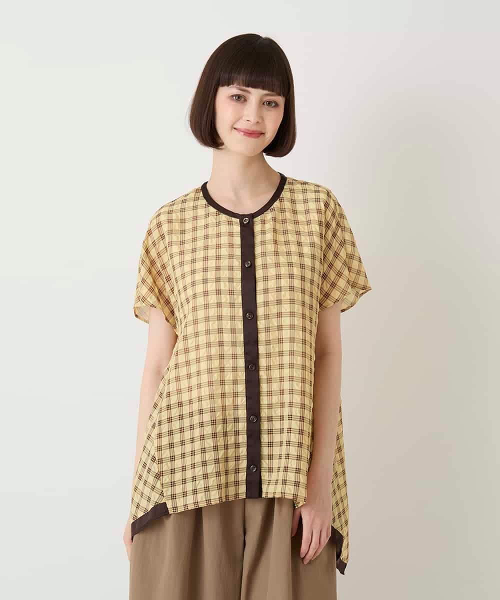 R6BIE10240 HIROKO BIS(小さいサイズ)(メゾン ドゥ サンク) 【小さいサイズ】サッカーチェックイレギュラーヘムブラウス イエロー