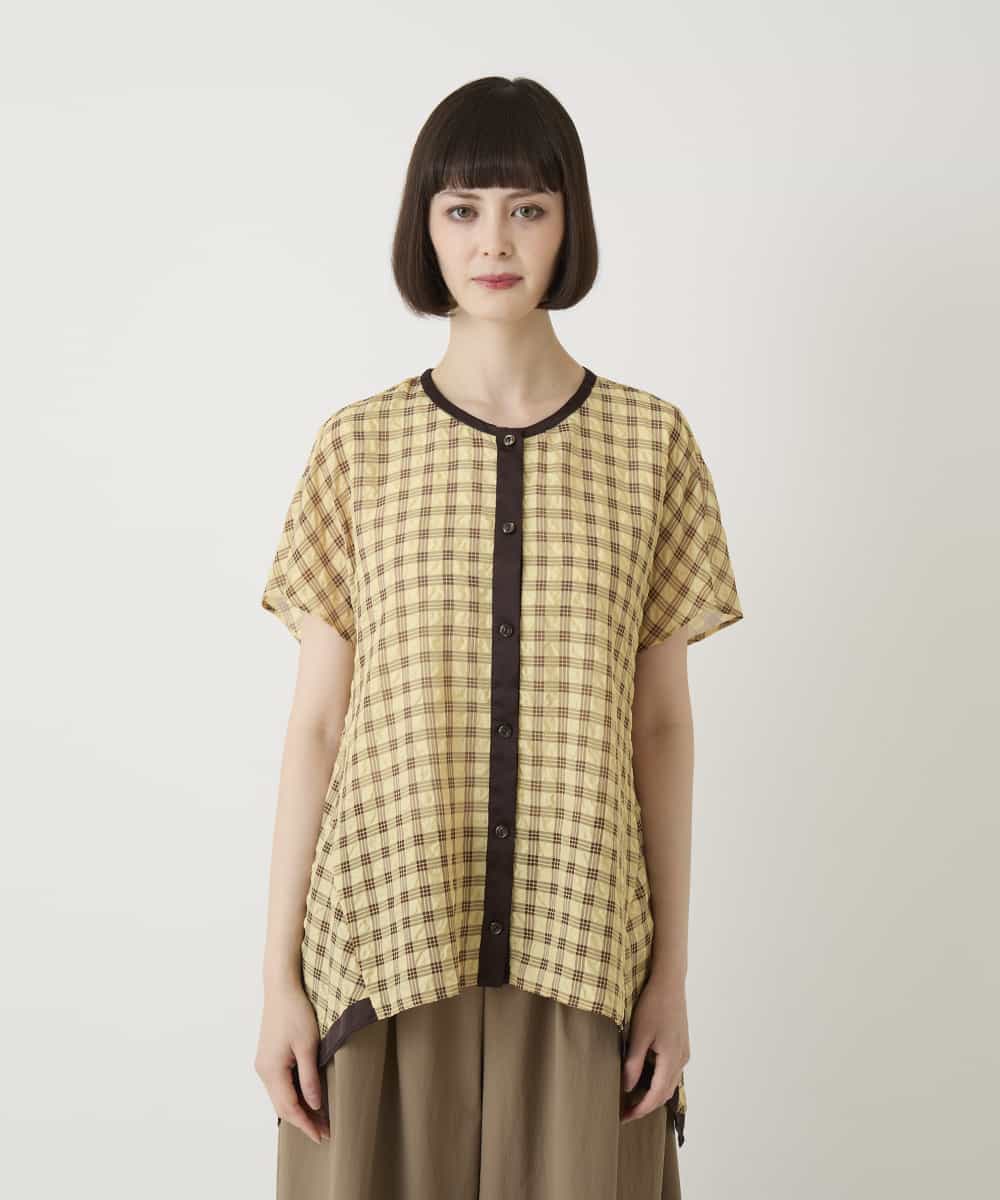 R6BIE10240 HIROKO BIS(小さいサイズ)(メゾン ドゥ サンク) 【小さいサイズ】サッカーチェックイレギュラーヘムブラウス イエロー