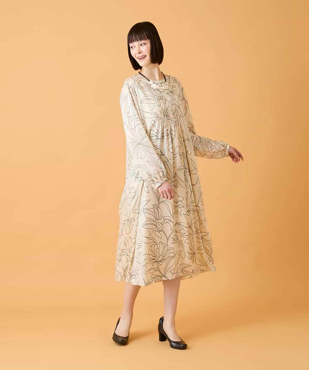 R6EED56490 HIROKO BIS(小さいサイズ)(メゾン ドゥ サンク) 【小さいサイズ】ボタニカルモチーフピンタックドレス アイボリー