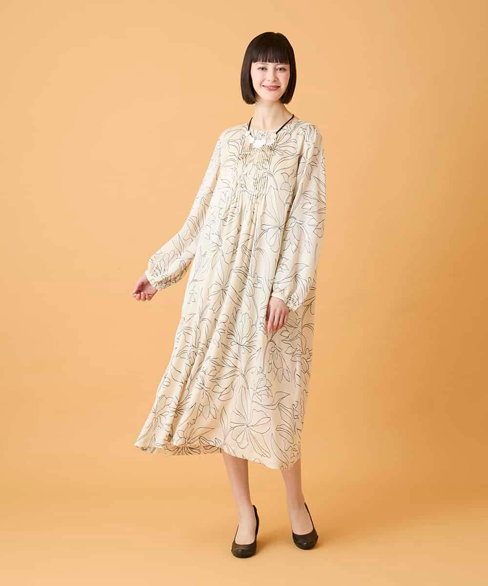 R6EED56490 HIROKO BIS(小さいサイズ)(メゾン ドゥ サンク) 【小さいサイズ】ボタニカルモチーフピンタックドレス アイボリー