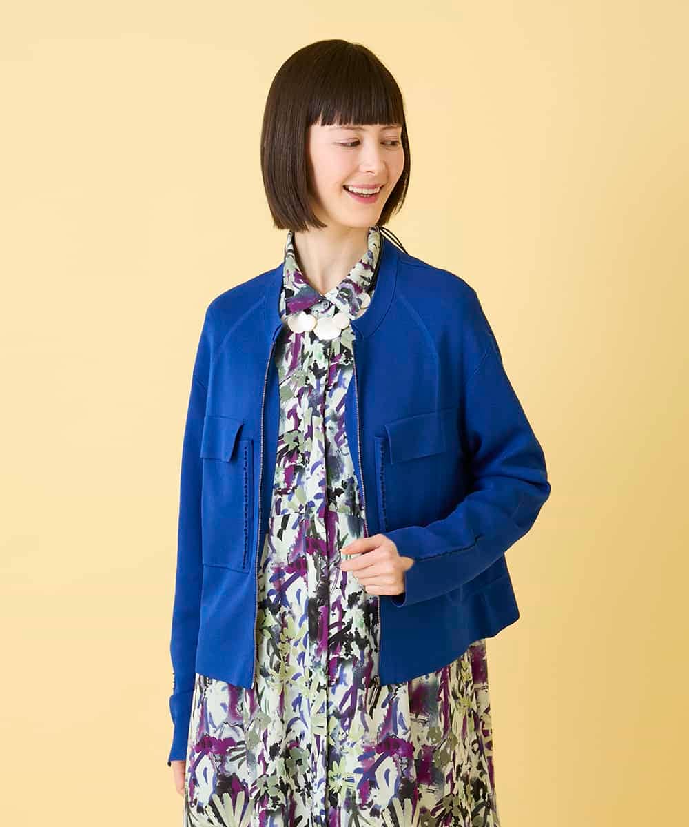 R6FED20330 HIROKO BIS(小さいサイズ)(メゾン ドゥ サンク) 【小さいサイズ】ステッチアクセントミラノリブカーディガン ブルー