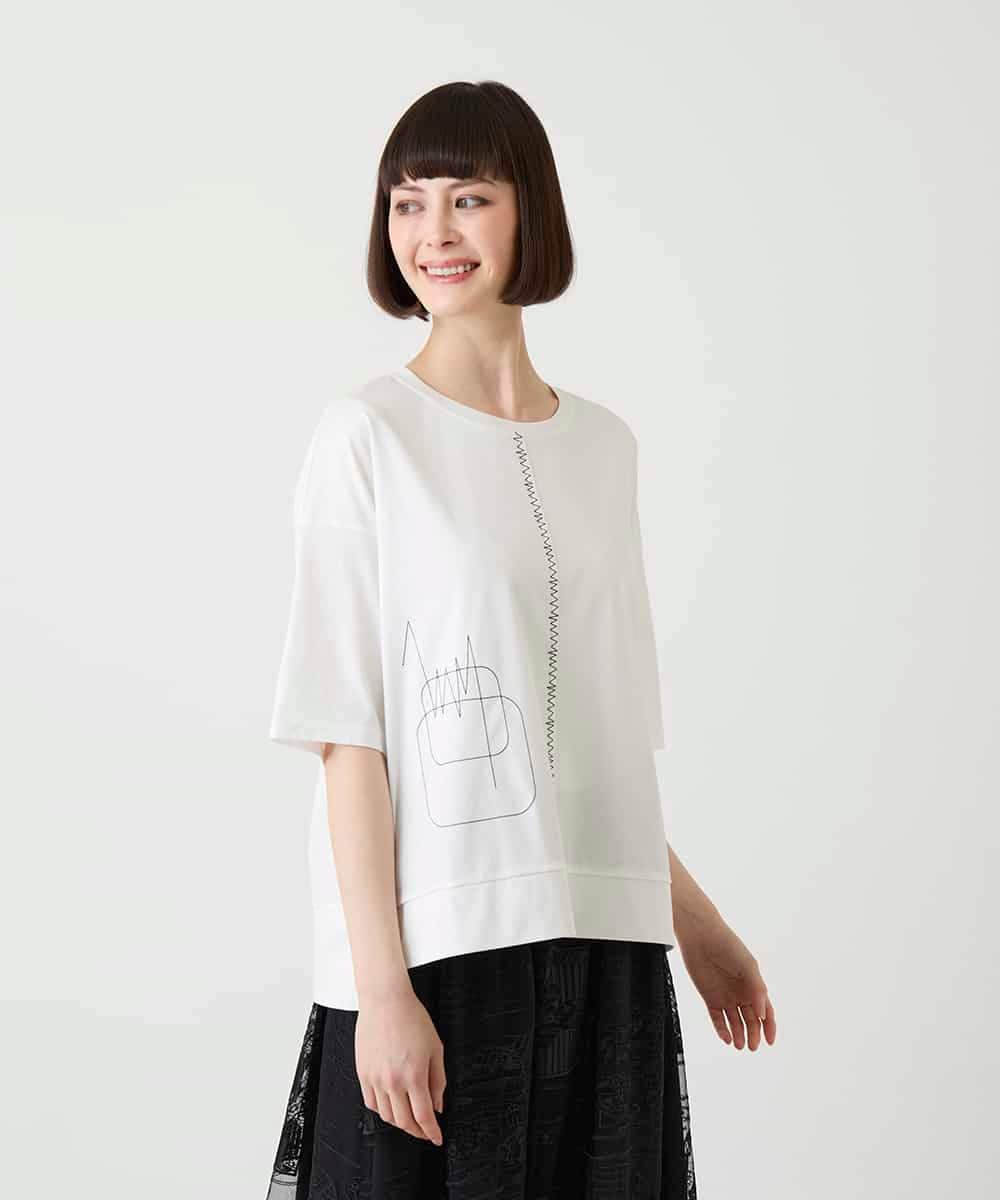 R6KIE10190 HIROKO BIS(小さいサイズ)(メゾン ドゥ サンク) 【小さいサイズ/接触冷感】ミシンステッチボクシーシルエットTシャツ カーキ
