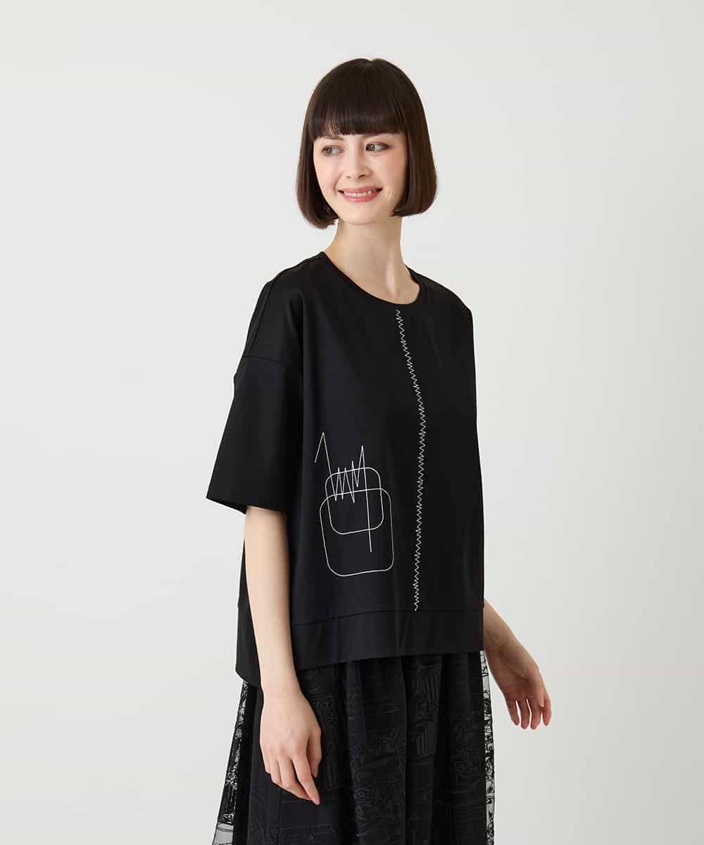 R6KIE10190 HIROKO BIS(小さいサイズ)(メゾン ドゥ サンク) 【小さいサイズ/接触冷感】ミシンステッチボクシーシルエットTシャツ カーキ