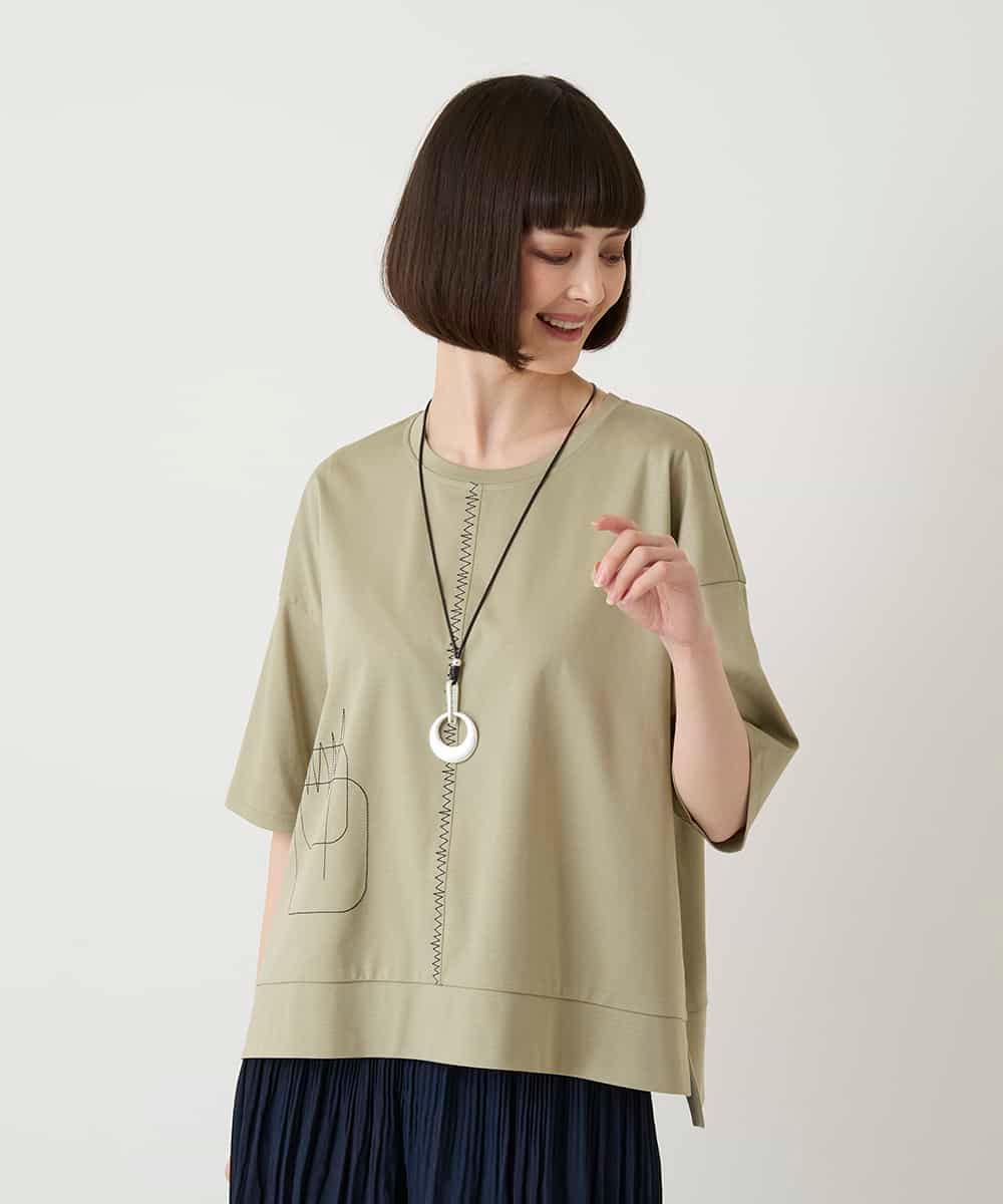 R6KIE10190 HIROKO BIS(小さいサイズ)(メゾン ドゥ サンク) 【小さいサイズ/接触冷感】ミシンステッチボクシーシルエットTシャツ カーキ