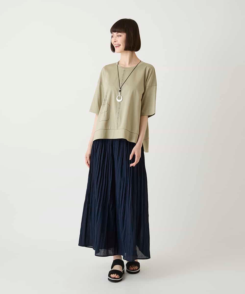 R6KIE10190 HIROKO BIS(小さいサイズ)(メゾン ドゥ サンク) 【小さいサイズ/接触冷感】ミシンステッチボクシーシルエットTシャツ カーキ