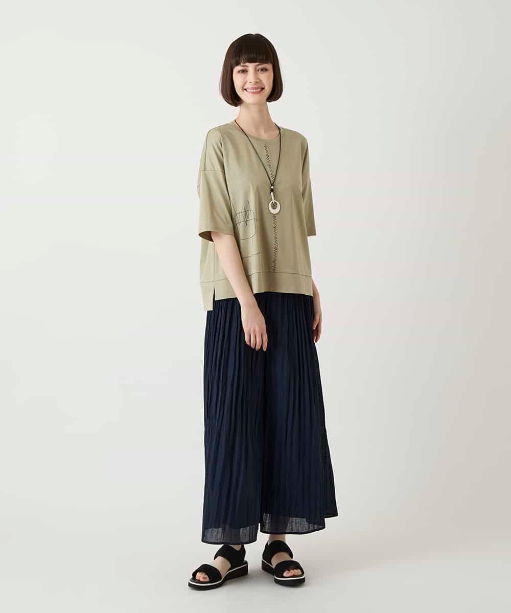 R6KIE10190 HIROKO BIS(小さいサイズ)(メゾン ドゥ サンク) 【小さいサイズ/接触冷感】ミシンステッチボクシーシルエットTシャツ カーキ