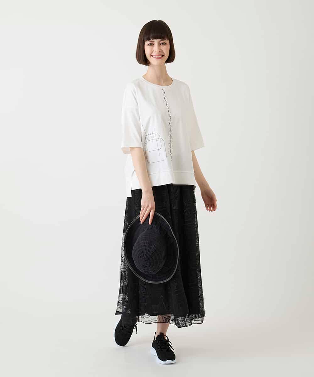 R6KIE10190 HIROKO BIS(小さいサイズ)(メゾン ドゥ サンク) 【小さいサイズ/接触冷感】ミシンステッチボクシーシルエットTシャツ カーキ
