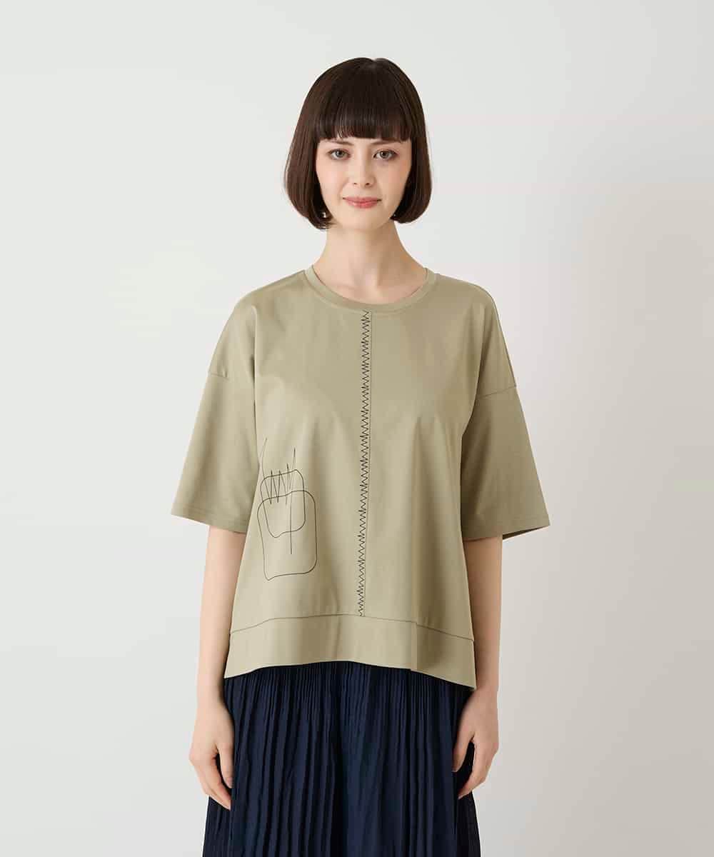 R6KIE10190 HIROKO BIS(小さいサイズ)(メゾン ドゥ サンク) 【小さいサイズ/接触冷感】ミシンステッチボクシーシルエットTシャツ カーキ