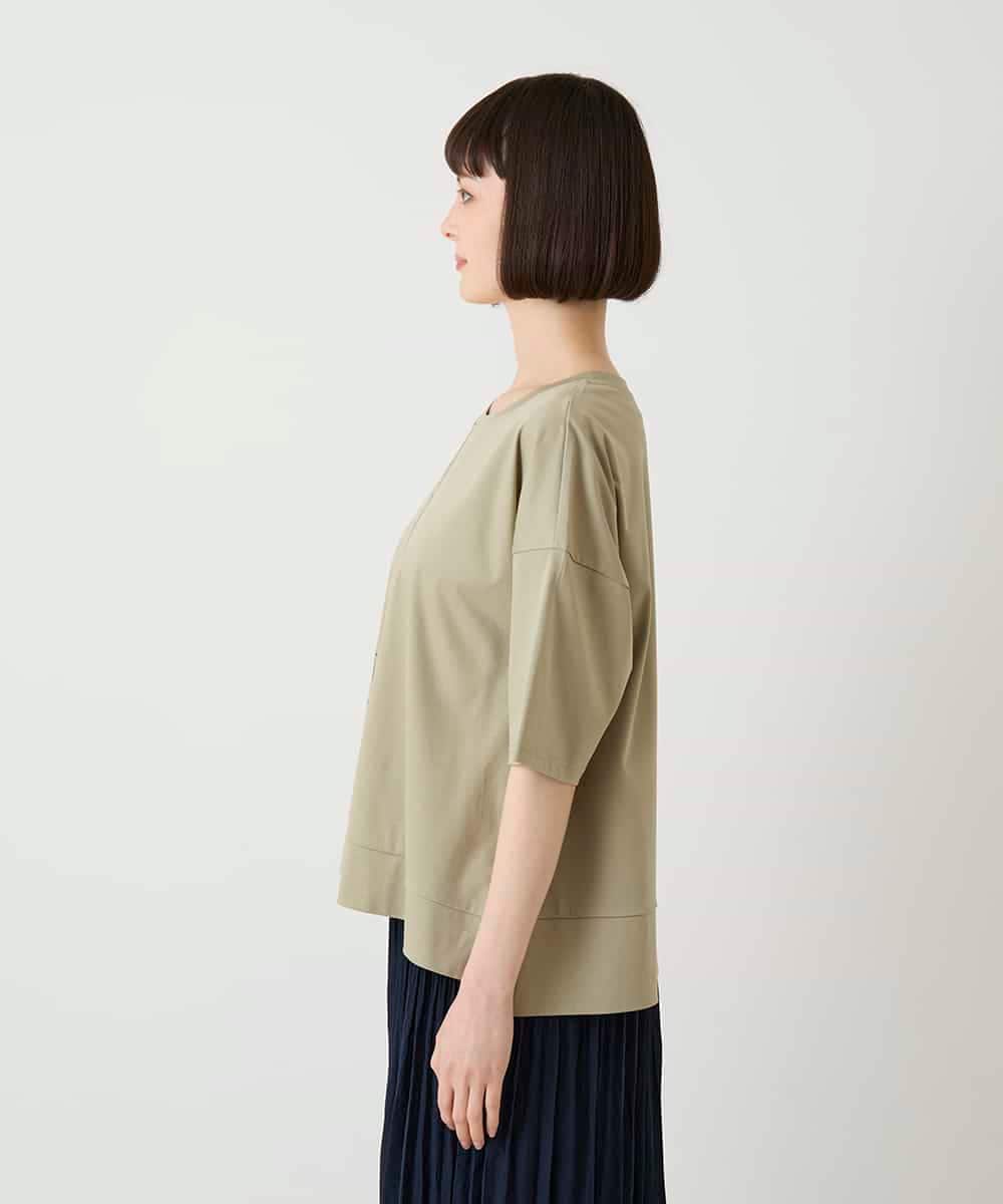 R6KIE10190 HIROKO BIS(小さいサイズ)(メゾン ドゥ サンク) 【小さいサイズ/接触冷感】ミシンステッチボクシーシルエットTシャツ カーキ