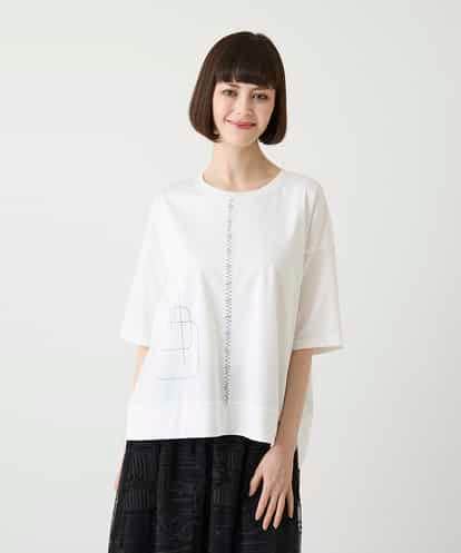 R6KIE10190  【小さいサイズ/接触冷感】ミシンステッチボクシーシルエットTシャツ