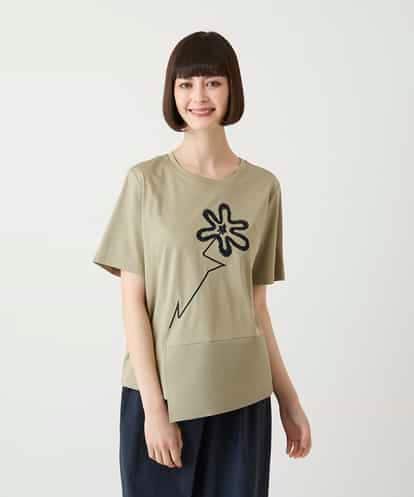 R6KIE11190  【小さいサイズ/接触冷感】異素材切り替えフラワー刺繍デザインTシャツ