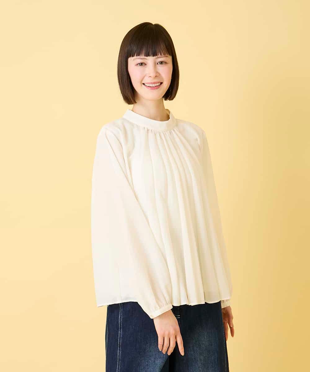 RBBED50260 HIROKO BIS(ヒロコ ビス) スタンドカラーかまぼこプリーツブラウス /洗える チャコールブラウン