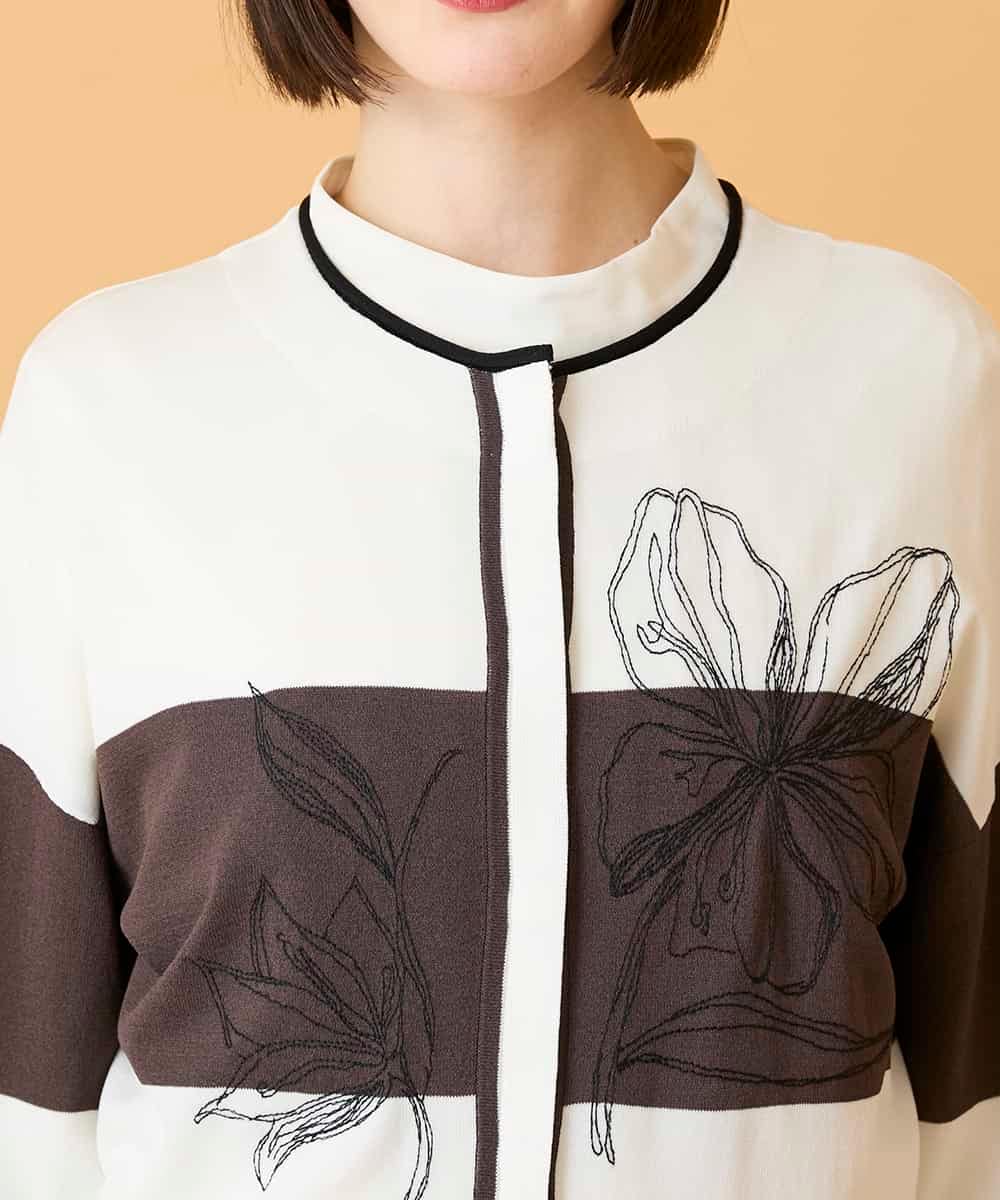 RBFED30390 HIROKO BIS(ヒロコ ビス) 花刺繍ブロッキングデザインカーディガン ホワイト