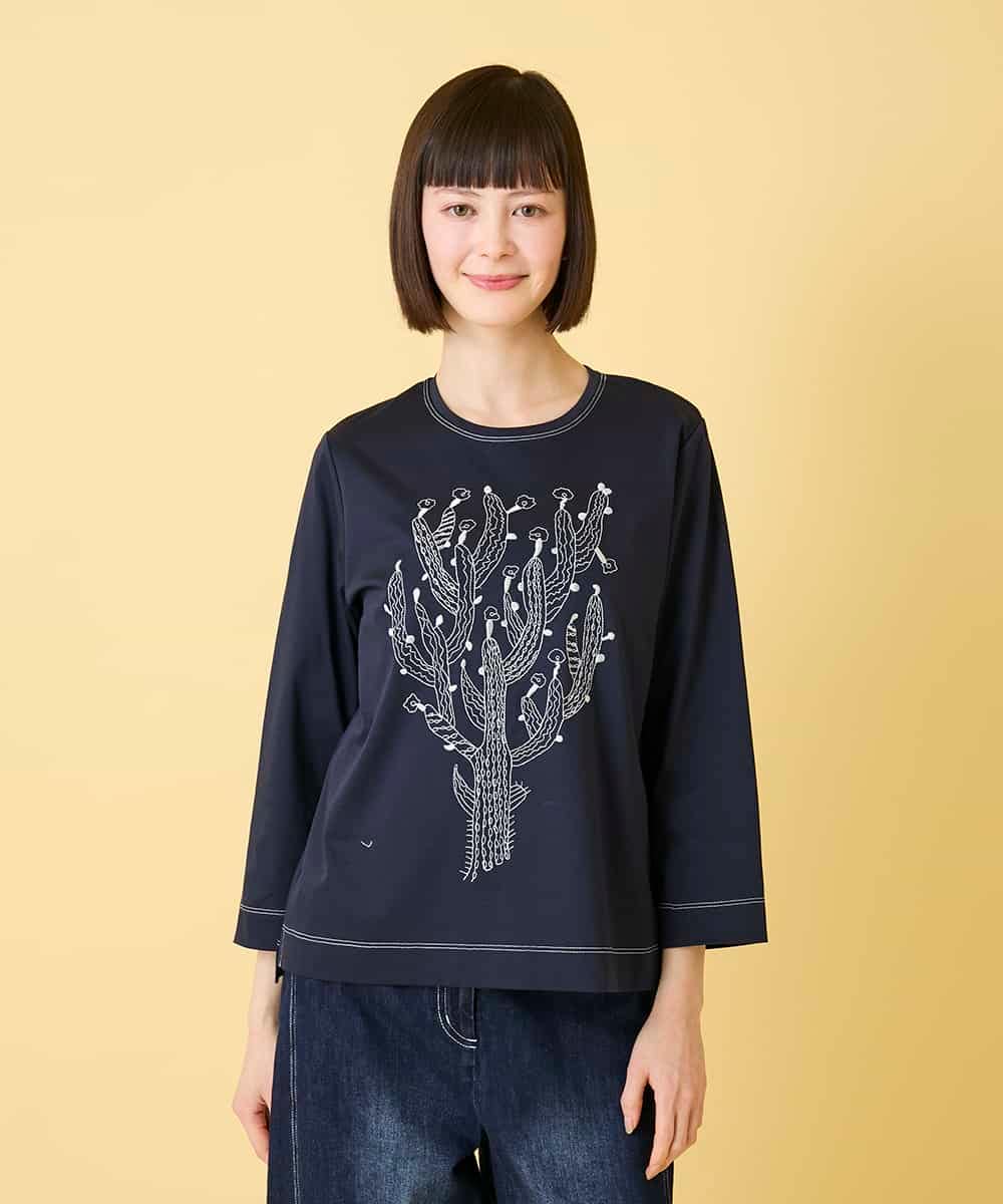 RBKED22190 HIROKO BIS(ヒロコ ビス) サボテン刺繍コットンTシャツ /洗える ネイビー