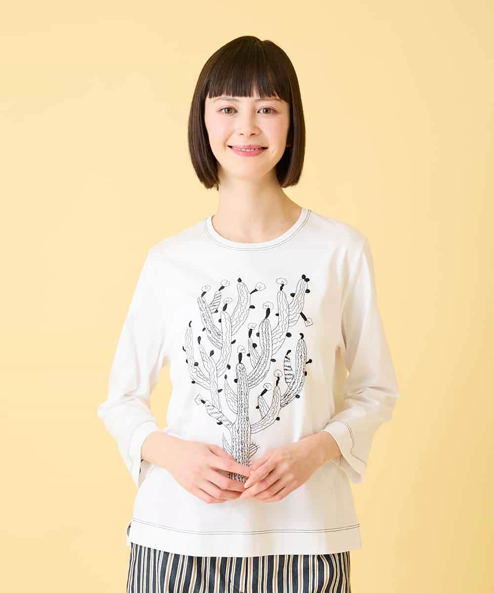 RBKED22190 HIROKO BIS(ヒロコ ビス) サボテン刺繍コットンTシャツ /洗える ホワイト