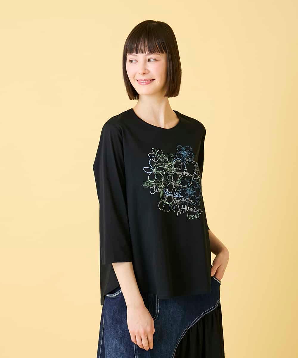 RBKED23230 HIROKO BIS(ヒロコ ビス) フローラルタイポTシャツ /洗える ブラック