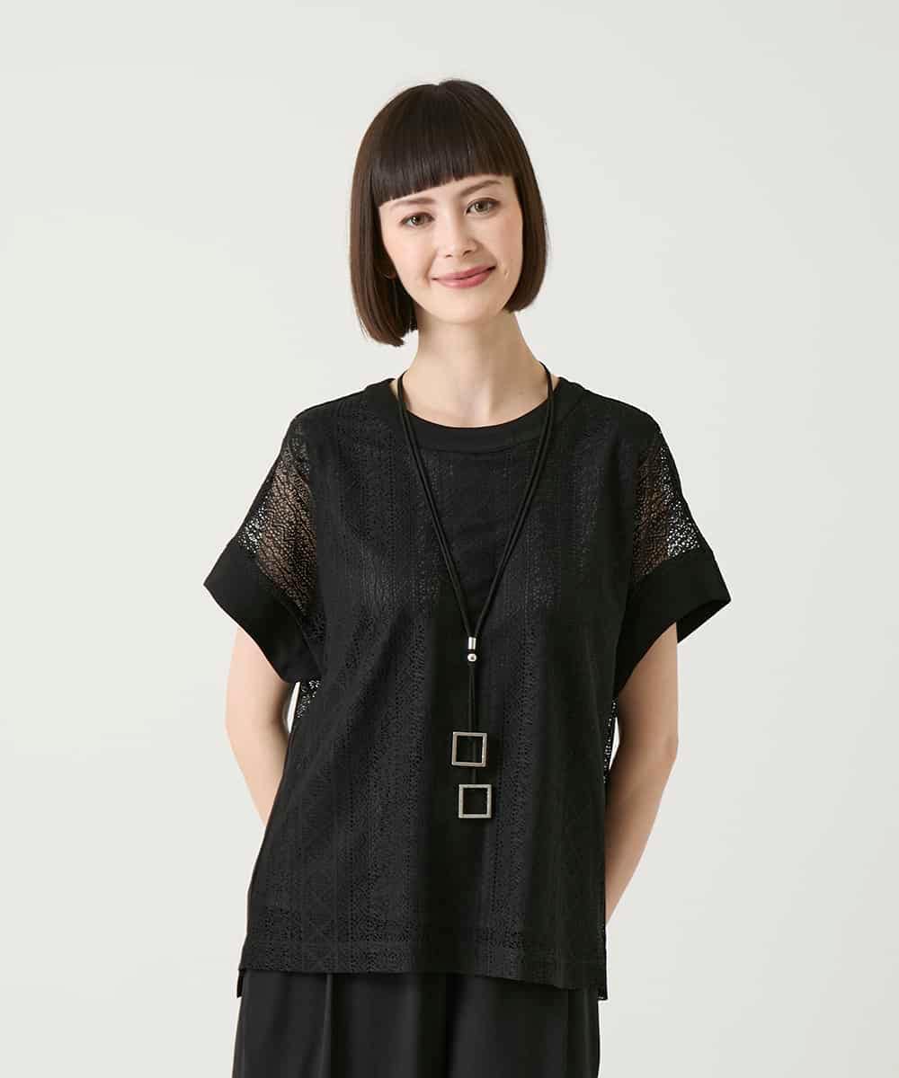 RBKGE30230 HIROKO BIS(ヒロコ ビス) ストライプレースカットソー /洗える ブラック