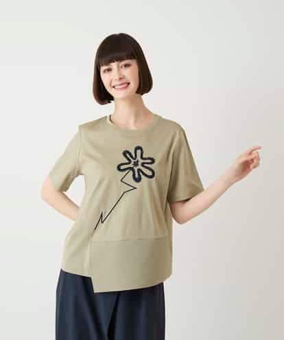 RBKIE11190  【接触冷感】異素材切り替えフラワー刺繍デザインTシャツ /洗える