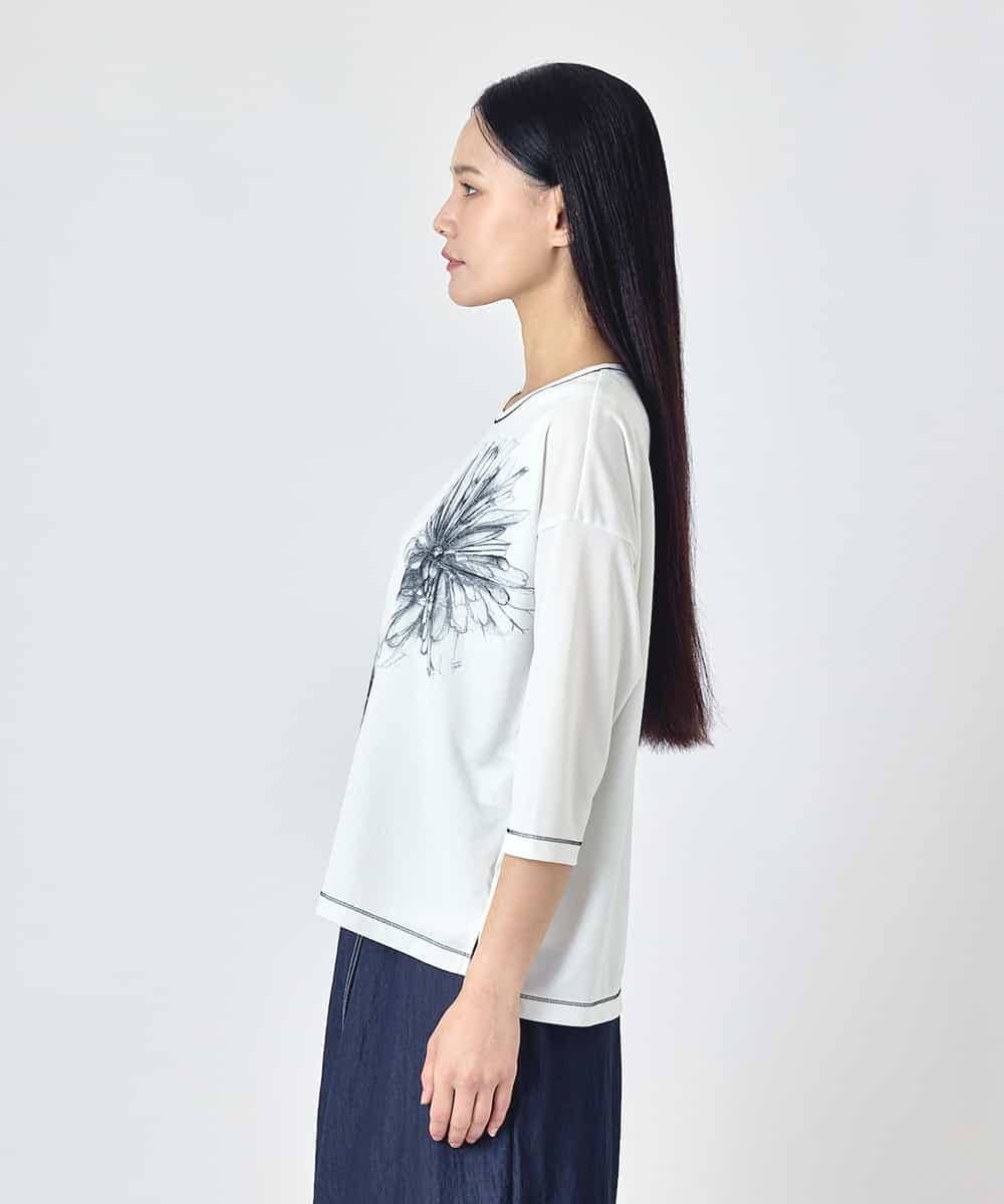 RBKJD08230 HIROKO BIS(ヒロコ ビス) 線画フラワー七分袖カットソー /洗濯機で洗える ホワイト
