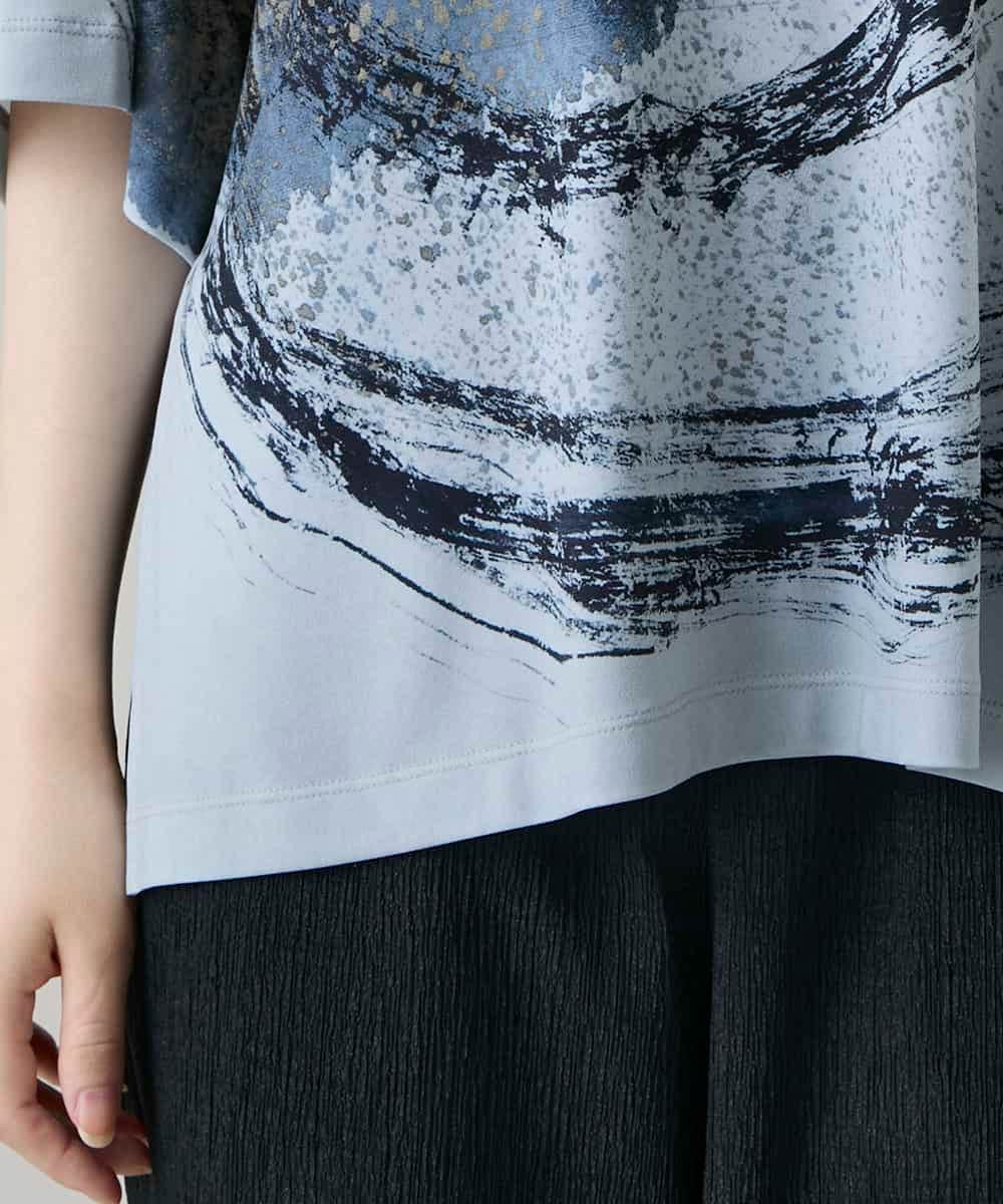RHKHE05390 HIROKO KOSHINO(ヒロココシノ) 墨絵プリントデザインTシャツ /日本製/洗える ブルーグレー