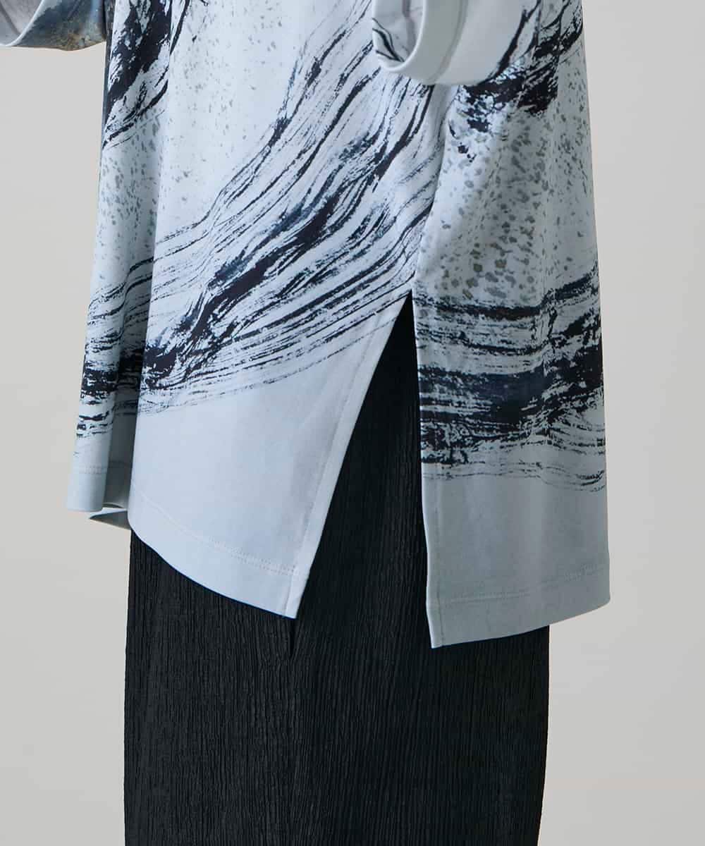 RHKHE05390 HIROKO KOSHINO(ヒロココシノ) 墨絵プリントデザインTシャツ /日本製/洗える ブルーグレー