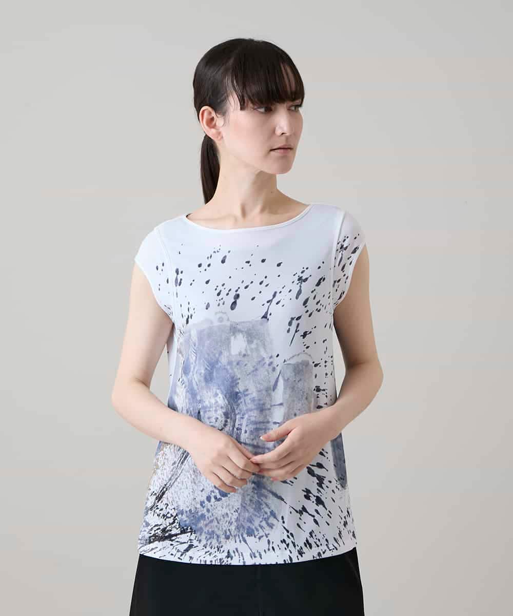 RHKHE06360 HIROKO KOSHINO(ヒロココシノ) 墨絵プリントスリーブレスカットソー /日本製/洗える ホワイト